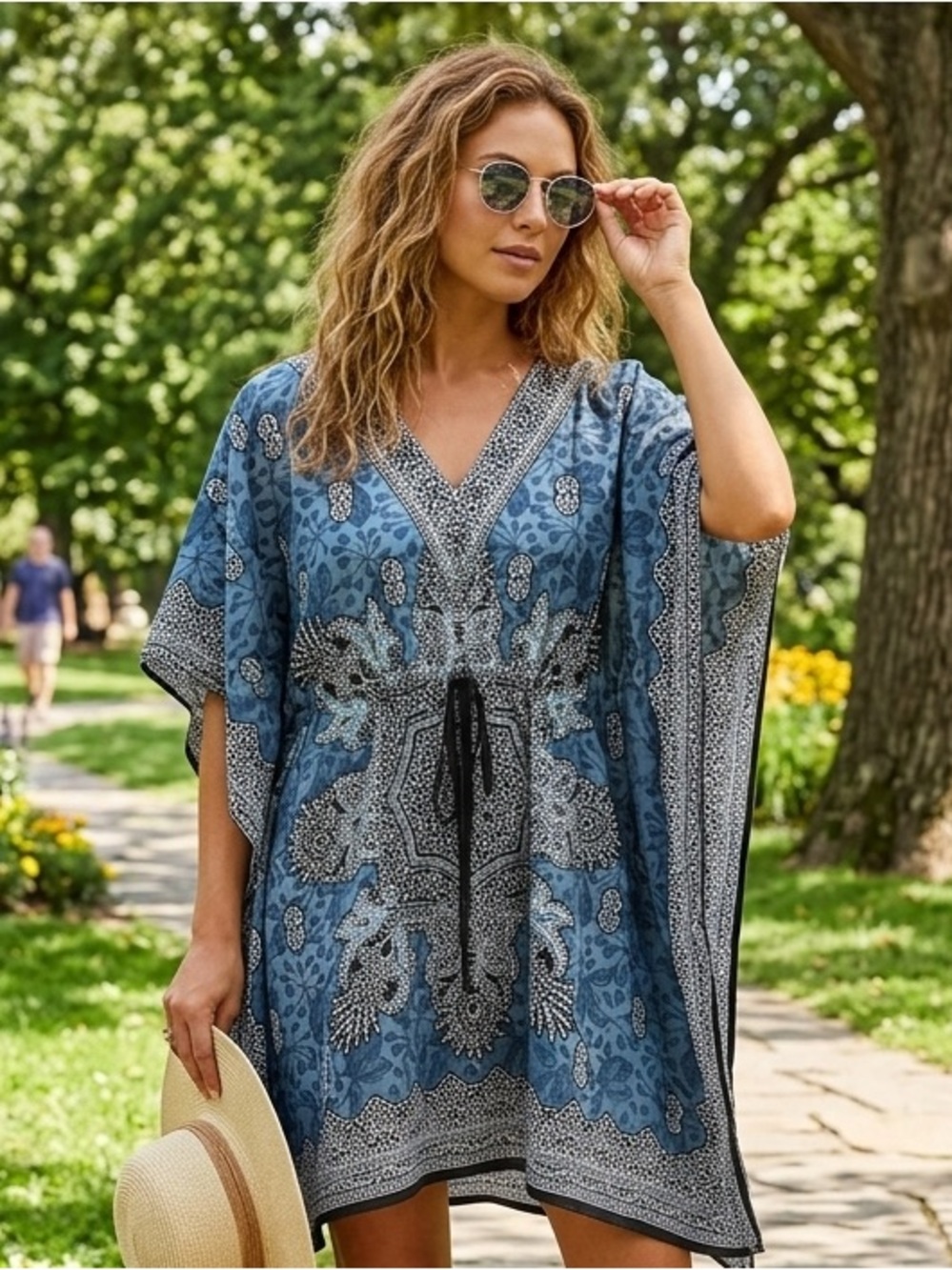 Phases Kaftan Boho Embroidered V-Neck Tunic Top - Blue Size One Size